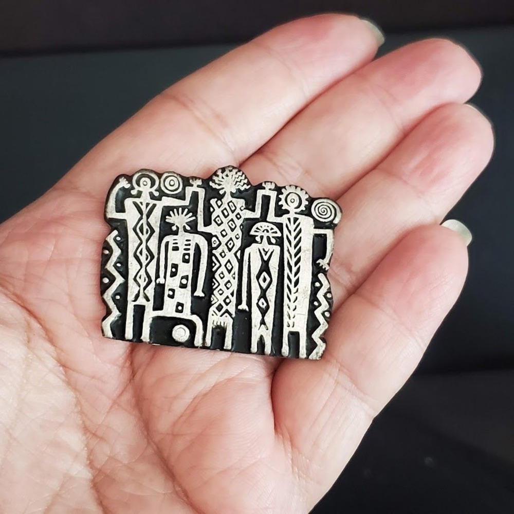 Alice Seely Urban Fetishes Pewter Brooch Pin Tribal Figures Pewter 2000 VTG